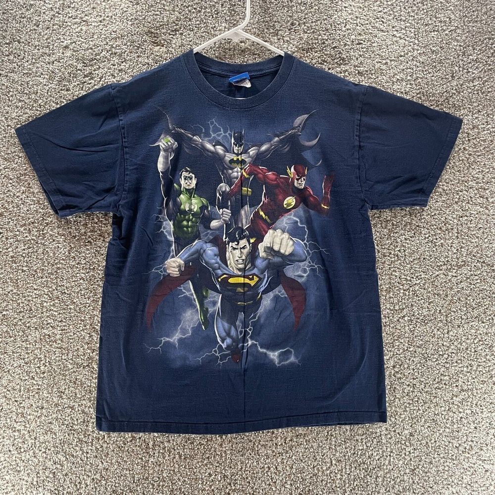 Justice League Shirt Adult Large Blue DC Comics Superheros Short Sleeve Mens